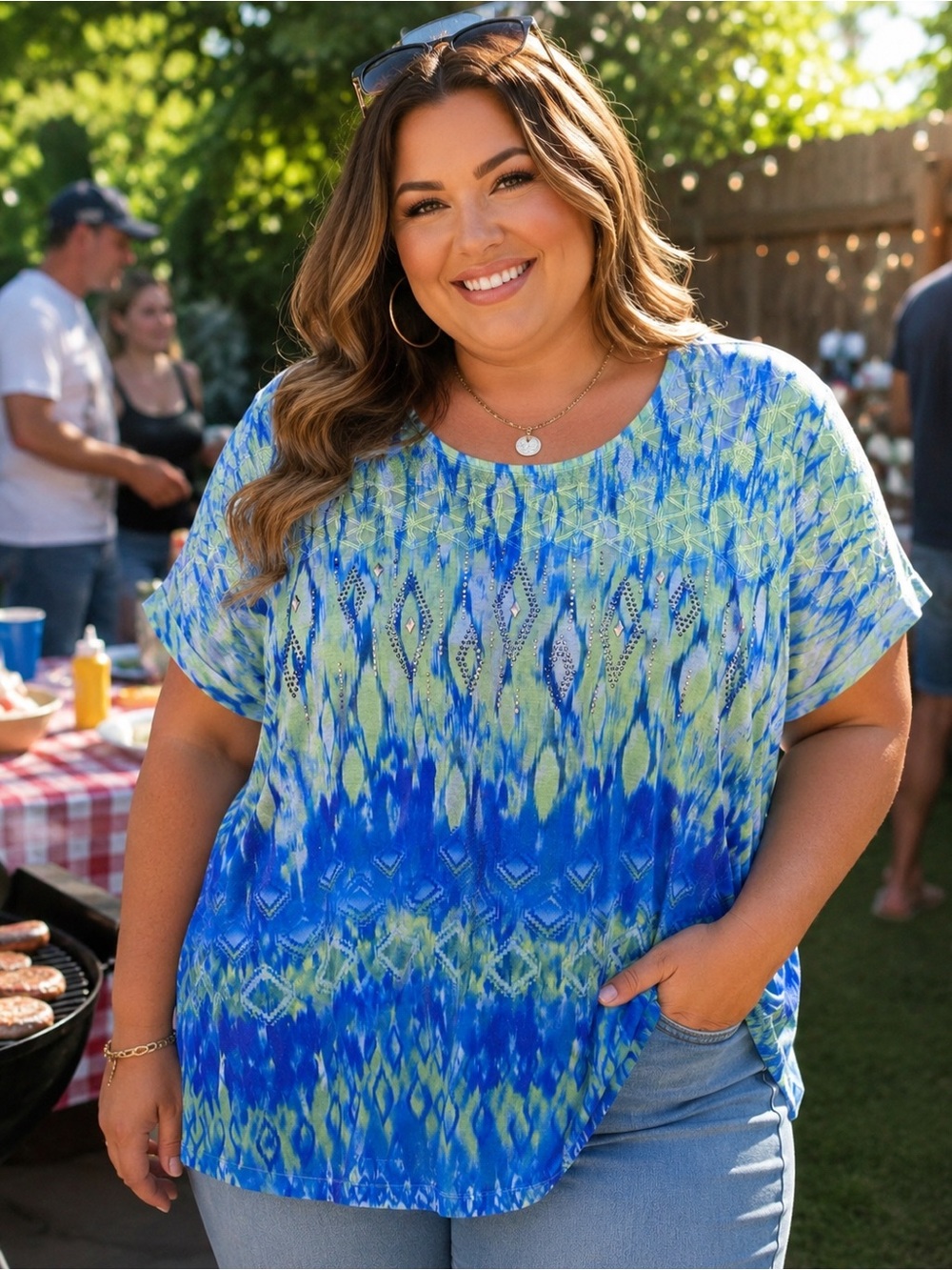 Catherines Blue and Green Tie-Dye Short Sleeve Top